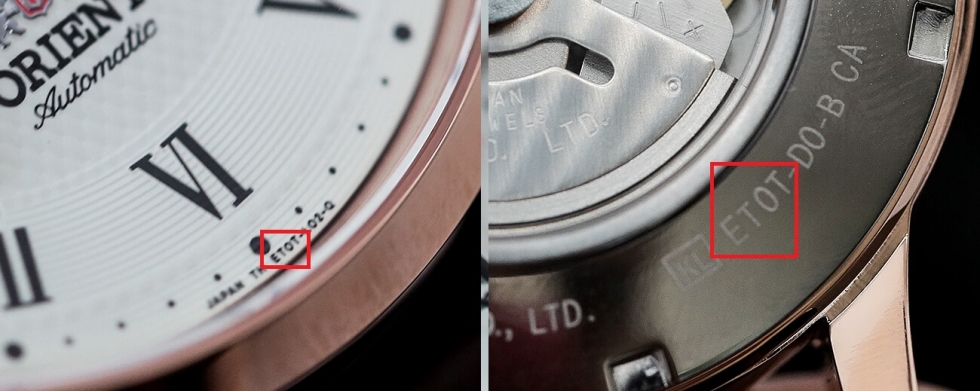 đồng hồ Orient chính hãng, 4 (số + chữ) đầu của case code (mặt sau) và 4 (chữ + số) ở trên vành vị trí 6h phải trùng nhau